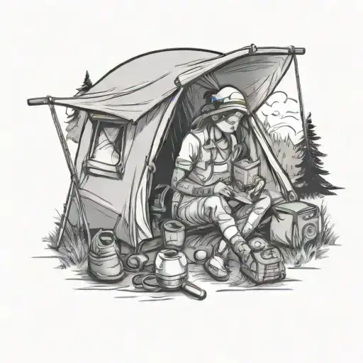 A Sketch Style Tattoo Of A Nurse Crocheting In A Camping Scene