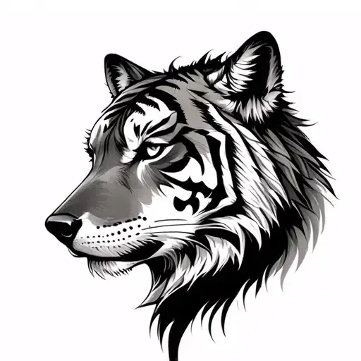 Wolf Half Head And Tiger Half Head Profile Holding