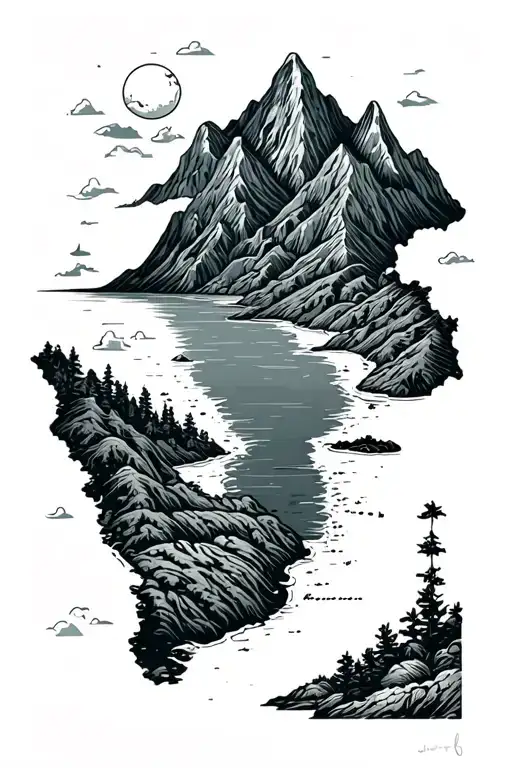 A Map And A Beach With Mountains