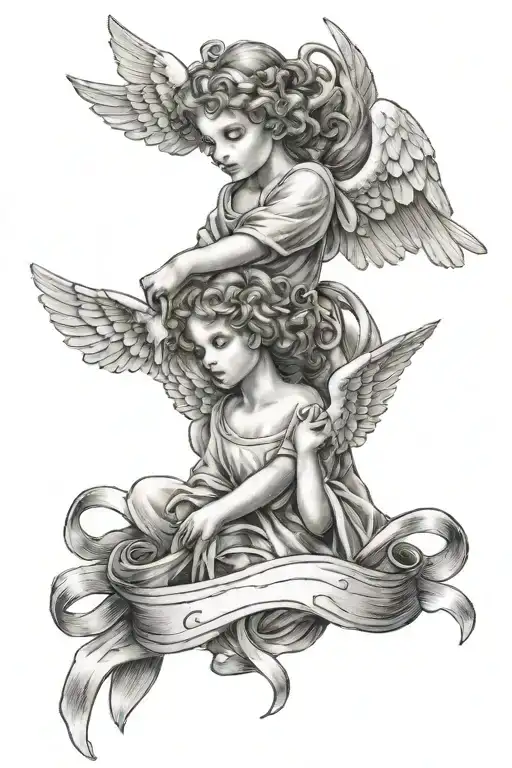 One Angel And Clouds And Two Bird With Ribbons Glazing