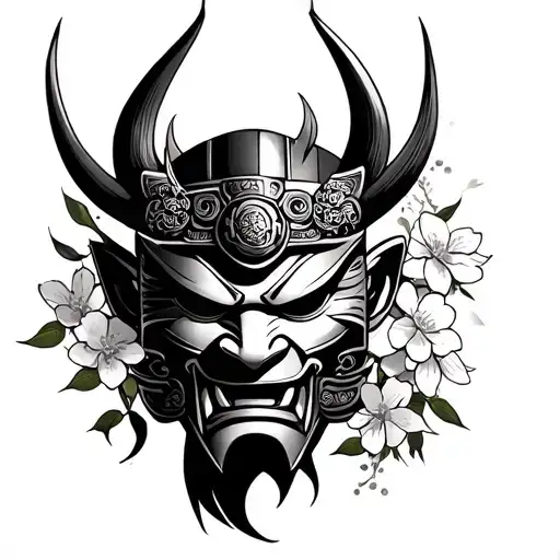 Japanese Oni Mask With A Samurai And Cherry Blossoms