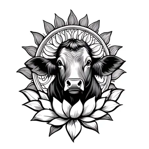 Sun Western Cow With Lotus Flower Intertwined