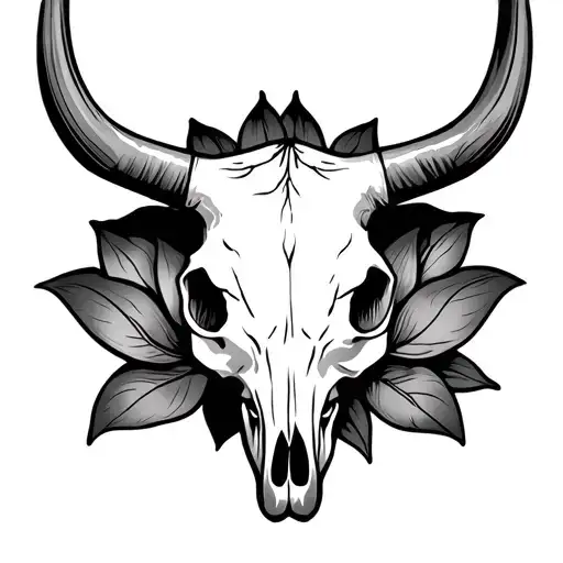 Sun Western Cow Skull With Lotus Flower Intertwined