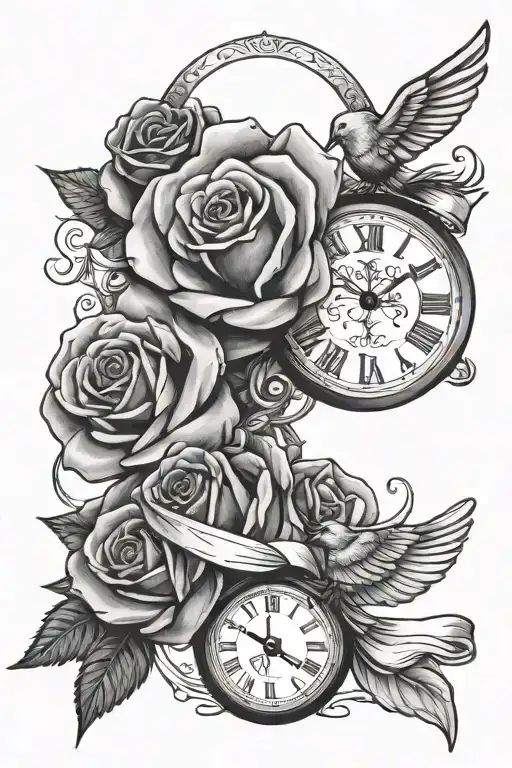 Black Rose Shading Clock Dove Holding Ribbon