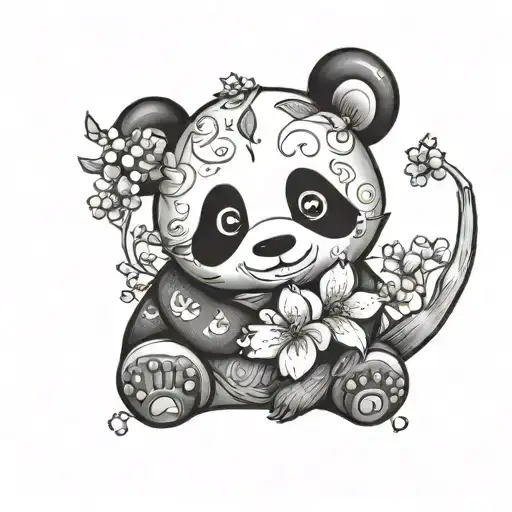 Kawaii Panda Tattoo With Cherry Blossom