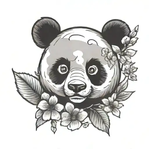 Kawaii Panda Head Silhouette Tattoo With Cherry Blossom
