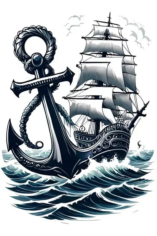 Full Sleeve Navy Anchor With Ship Sailing Through Storm With Kraken