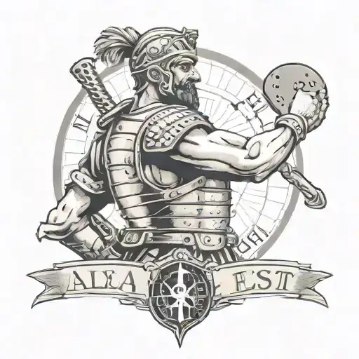 A Roman Legionnaire Throwing Dice With The Words 'Alea Iacta Est' Written In Latin Script Below