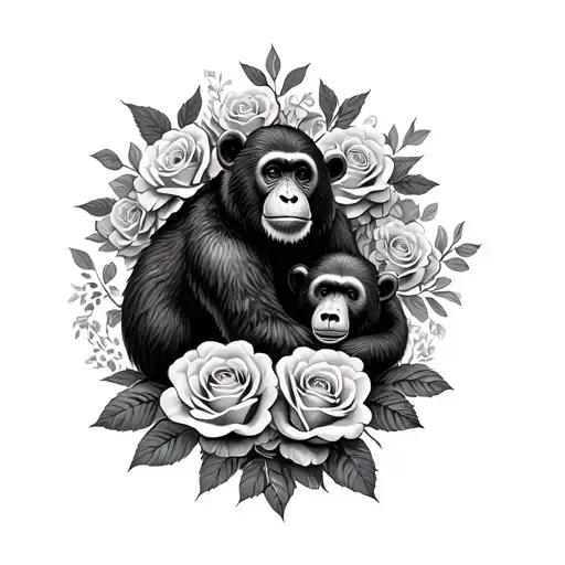 Monkey And Bear Surrounded By Roses Intertwined