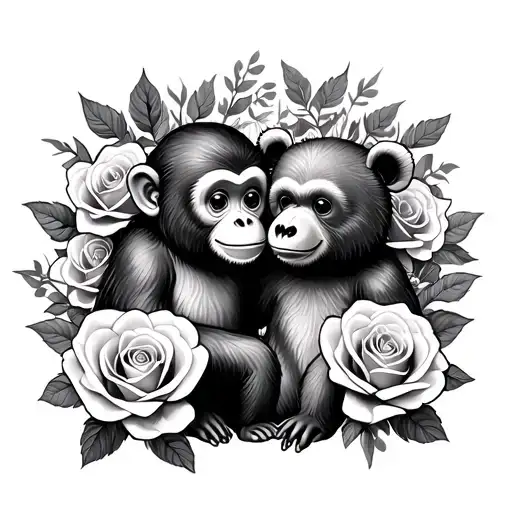 Cute Monkey And A Cute Bear Surrounded By Roses Intertwined