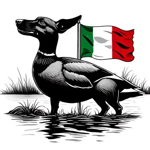 Duck Hunting Scene Featuring A Dog Silhouette With Italian Flag And American Flag