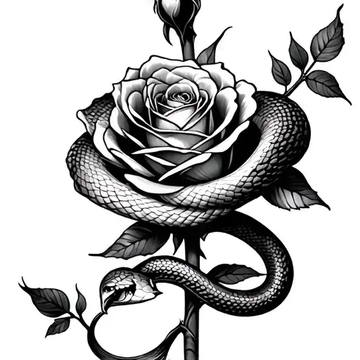 Snake Wrapping Around A Rose Stem Going Vertically