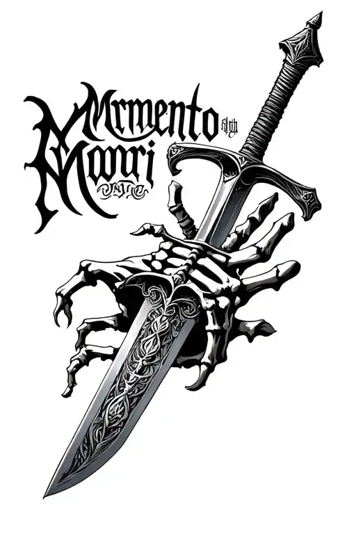 A Sword With Sekeleton Jhanf And Normal Hand Whitht The Words Mrmento Mori
