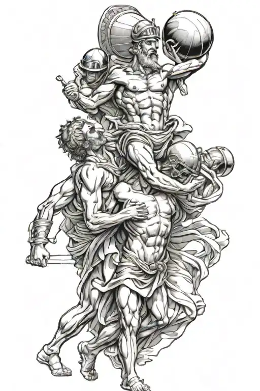 Atlas Carrying World On His Shoulder With Dead Greek Soldiers Below