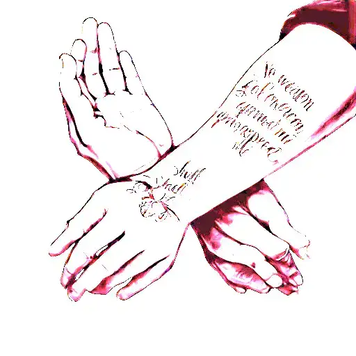 No Weapon Formed Against Me Shall Prosper Written With Prayer Hands On A Female Lower Forearm