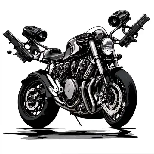 A Sleek Motorcycle With Intricate Engine Details And Gun Motifs Integrated Into The Design