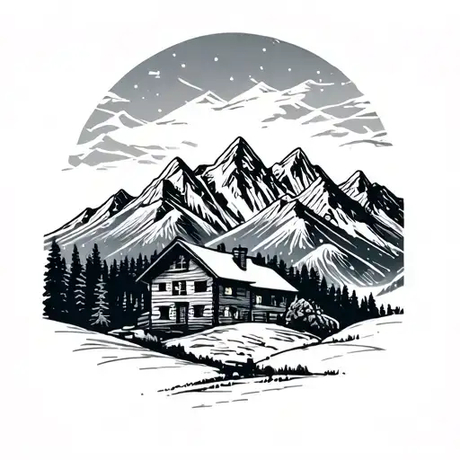 Mountain Range With Cabin