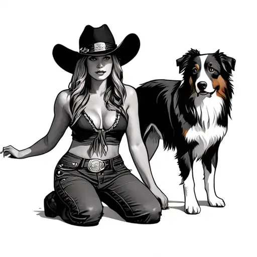 Women Dressed In Western Clothing Kneeling Next To An Australian Shepherd