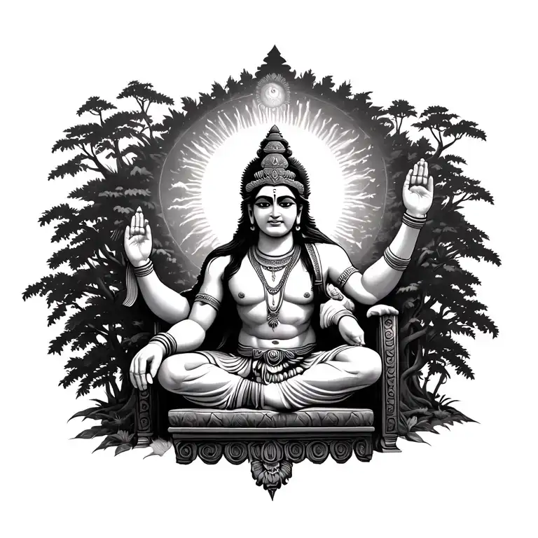 Hanuman Placing The Sun At The Foot Of A Queens Chair In A Dense Forrest Looking To The Sky