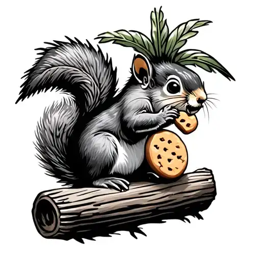 Squirrel On A Log Holding A Cookie With A Palm Tree