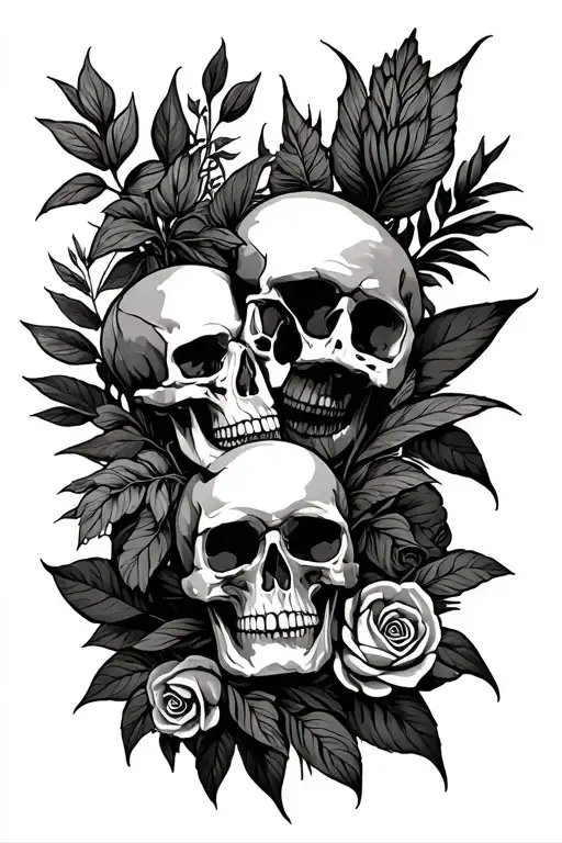 Full Arm Sleeve Neo Traditional Style Tattoo Featuring Plants And Skulls