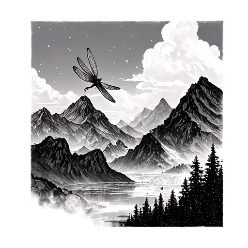 Mountains And Dragonfly Flying