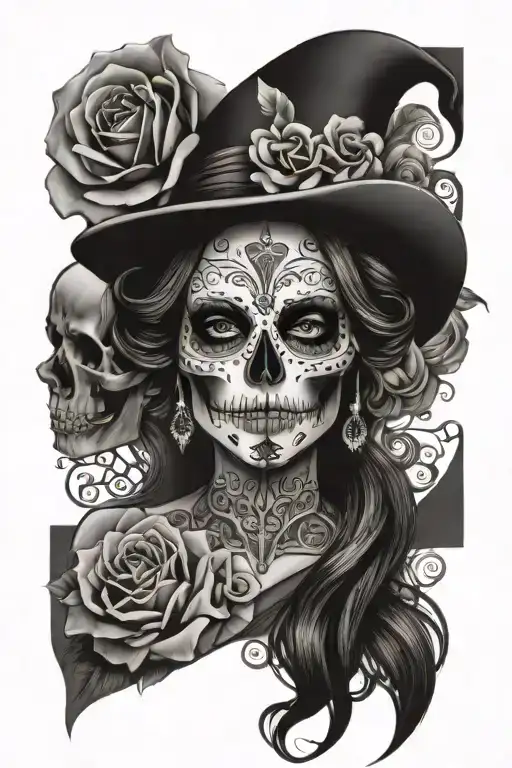 Skull And Day Of The Dead Lady Merged Together