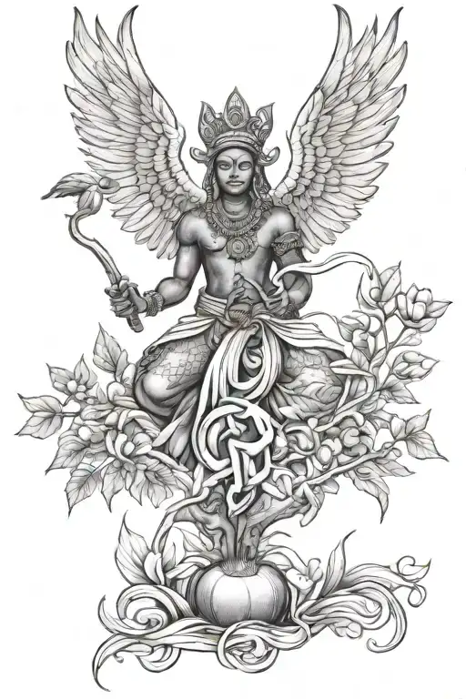 A Black-grey Tattoo Design Of Obatala And Elewa Surrounded By Elements Of Nature And Agriculture