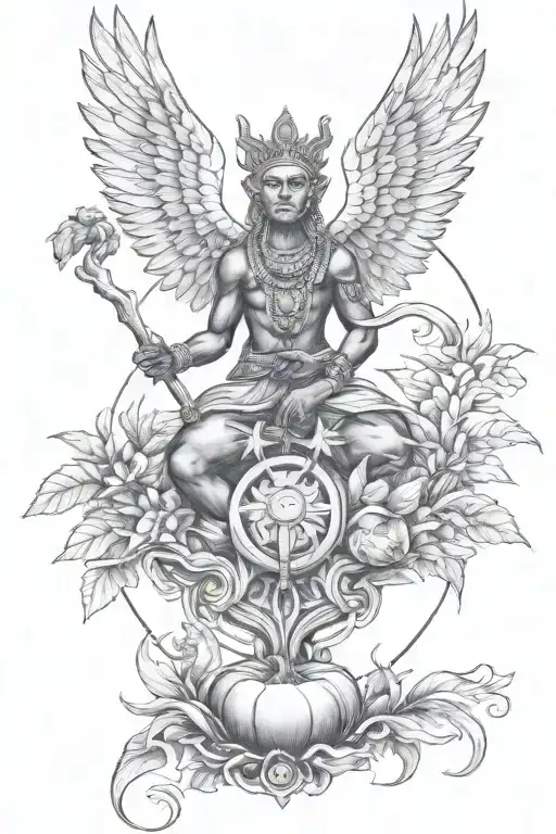 A Black-grey Tattoo Design Of Obatala And Elewa Surrounded By Elements Of Nature And Agriculture