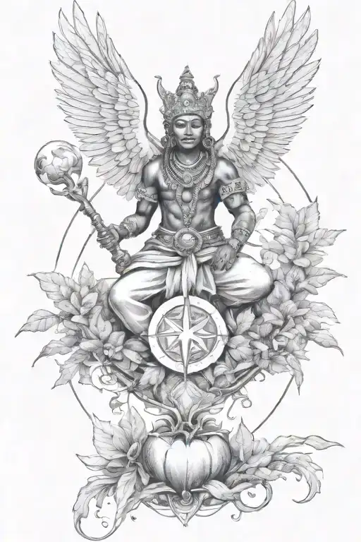 A Black-grey Tattoo Design Of Obatala And Elewa Surrounded By Elements Of Nature And Agriculture