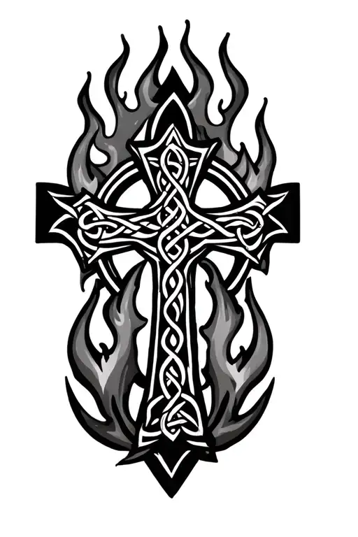 Celtic Cross Surrounded By Tribal Flames