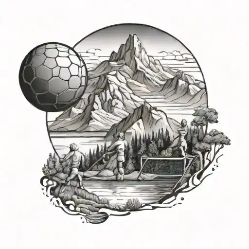 A Detailed Scene Of A Football And Tennis Match Being Played On A Mountain Peak Overlooking A Lake