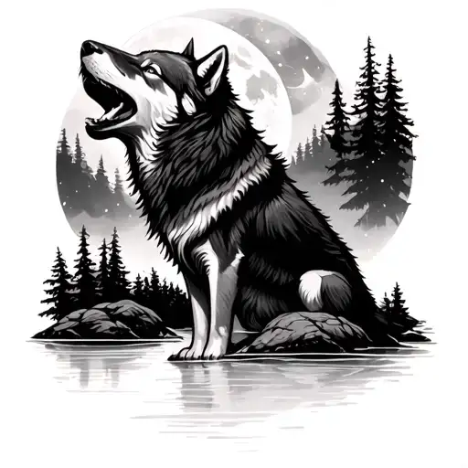 Wolf Howling At The Moon Forest Scene With River