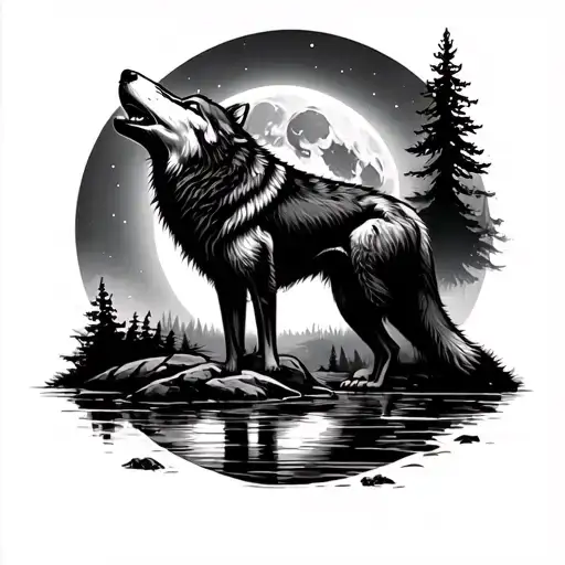 Wolf Howling At The Moon Forest Scene With River