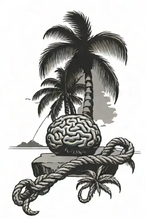 Brain Sitting On A Beach Tied To The Base Of A Palm Tree With A Rope