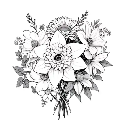 Fine Line Bouquet Of Daffodils Roses Chrysanthemum And Violets