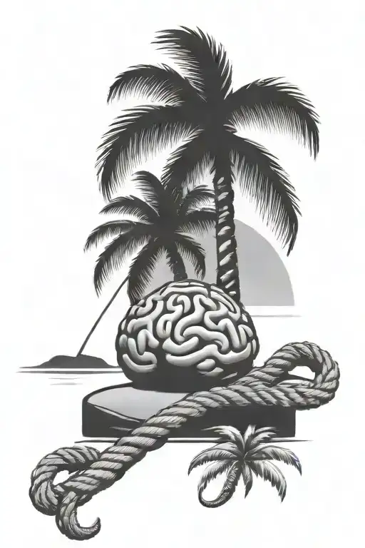 Brain Sitting On A Beach Tied To The Base Of A Palm Tree With A Rope