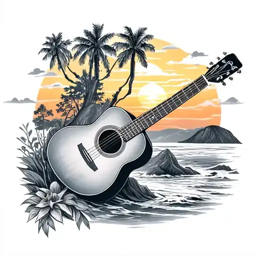 Acoustic Guitar And California Sunset Scene