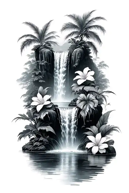 Waterfall With Tropical Flowers