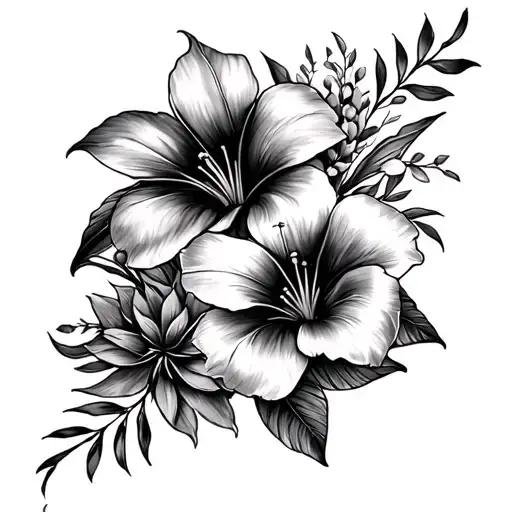 4 Different Tropical Flowers Cascading Vertically Down Forearm From Elbow To Wrist