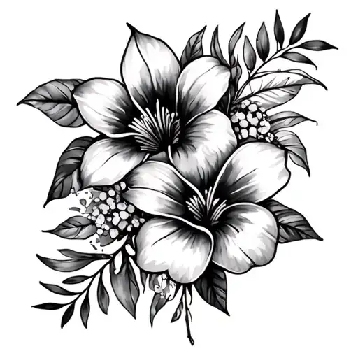 4 Different Tropical Flowers Cascading Vertically Down Forearm From Elbow To Wrist With Watercolour