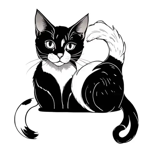 A Line Drawing Of A Black Cat And A White Cat With There Tails Intertwined