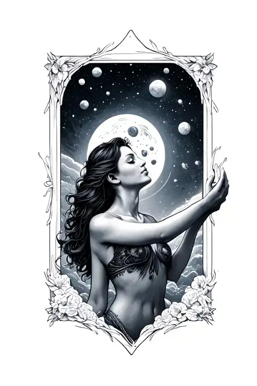 Single Line Frame Tattoo With A Woman Torso Up Looking Up At Universes And Holding It