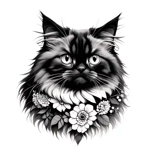 Fluffy Cat With Floral Ornaments Points Tribal