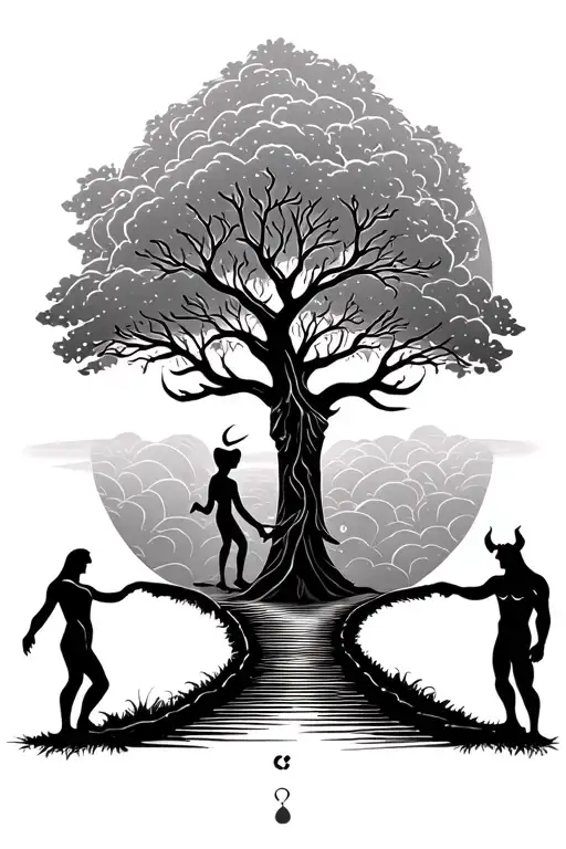 Tree Of Life Pathway Leading Towards Adam And Eve With An Apple Being Handed Off By The Devil
