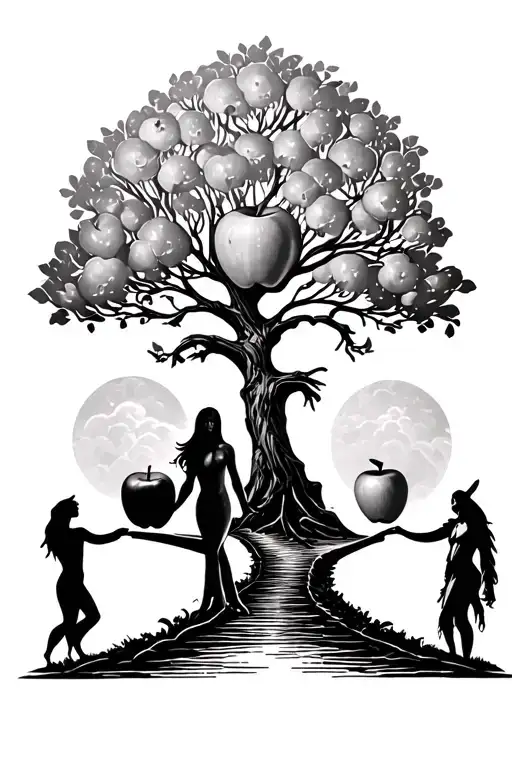 Tree Of Life Pathway Leading Towards Adam And Eve With An Apple Being Handed Off By The Devil