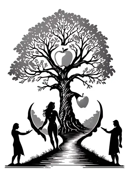 Tree Of Life Pathway Leading Towards Adam And Eve With An Apple Being Handed Off By The Devil