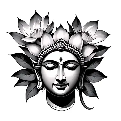 Boudha With Lotus Flower And Frangipanier Flowers