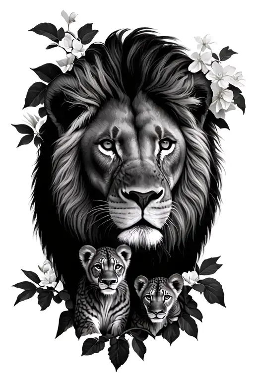 Male Lion With 2 Cubs Face Only With Hydrandgea Bushes And Bouganvillea