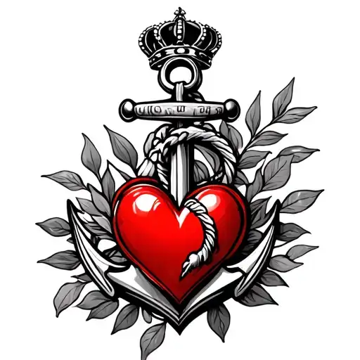 Anchor With Crown On Top Red Heart On Bottom And Have Some Olive Leaves